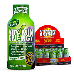 Vitamin Energy Focus+ grape bottle boosts alertness for on-the-go tasks.