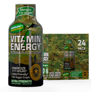Vitamin Energy Immune+ army-orange shot bottle showing portable energy and zero sugar
