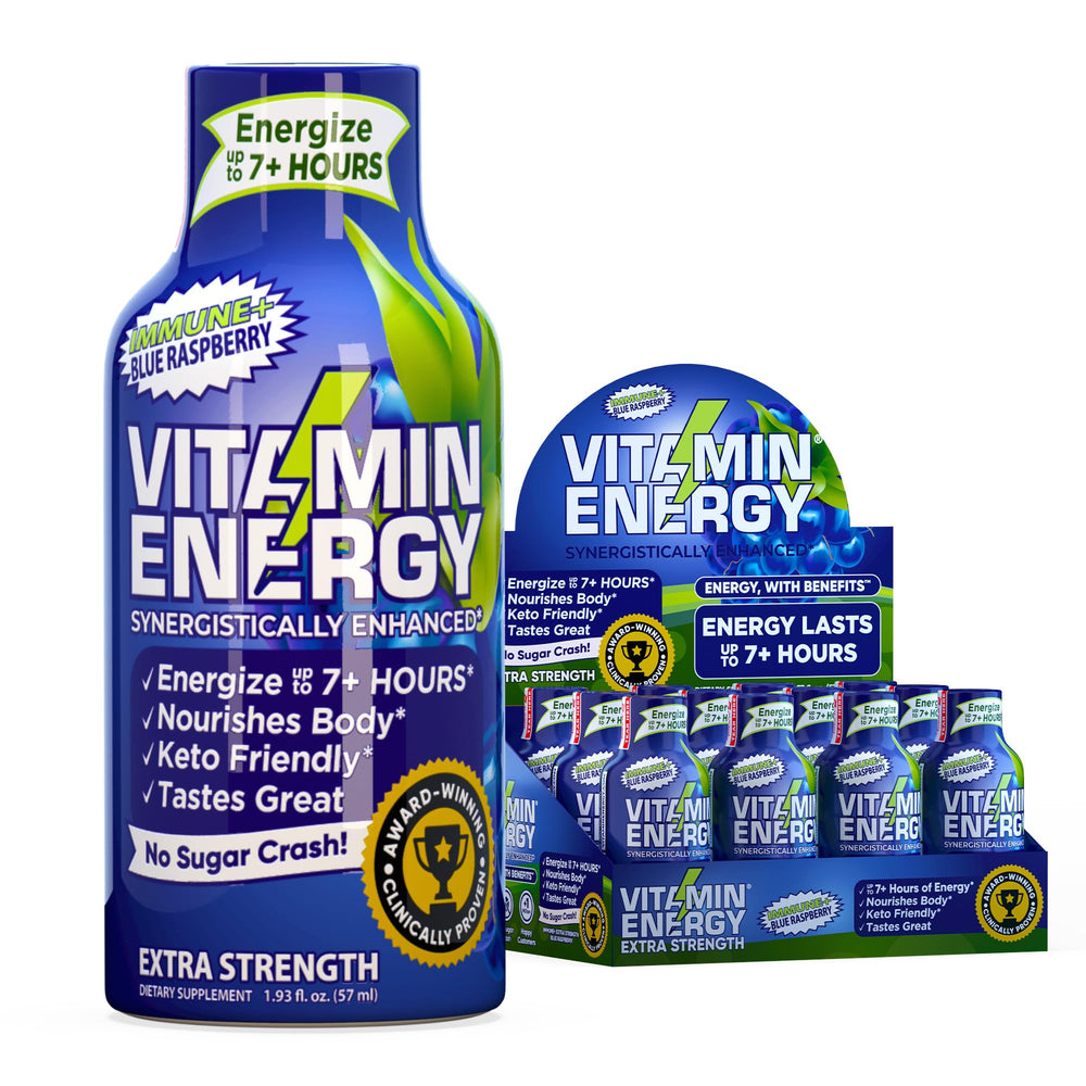 Vitamin Energy Immune+ blue raspberry shot bottle for on-the-go energy.