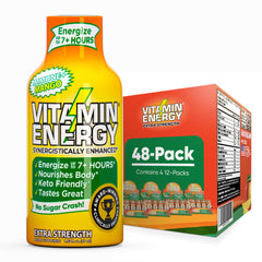 Vitamin Energy Immune+ Mango Shot bottle on desk for focused work and steady energy