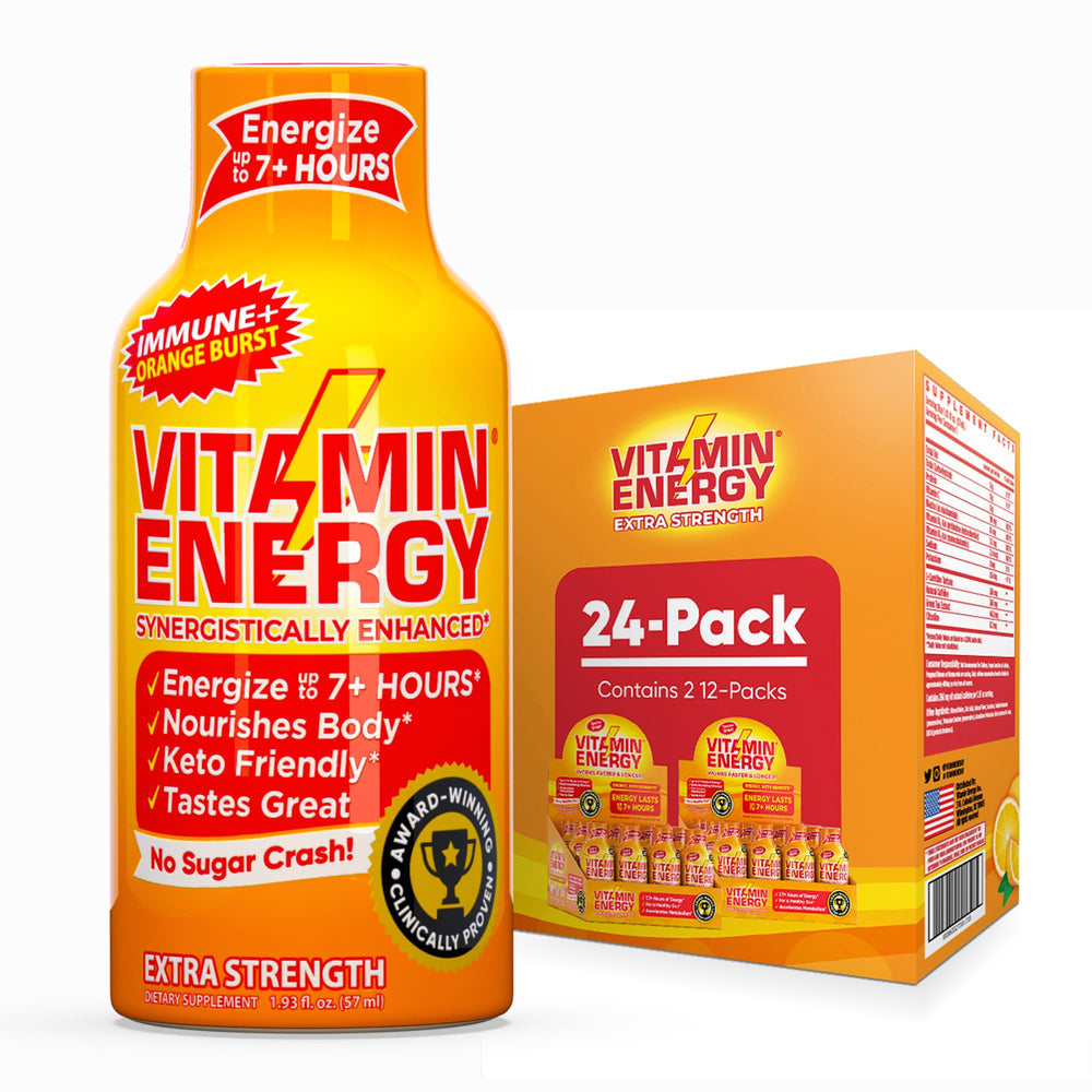 Vitamin Energy Immune+ Orange Burst Shot Bottle delivering sustained energy.