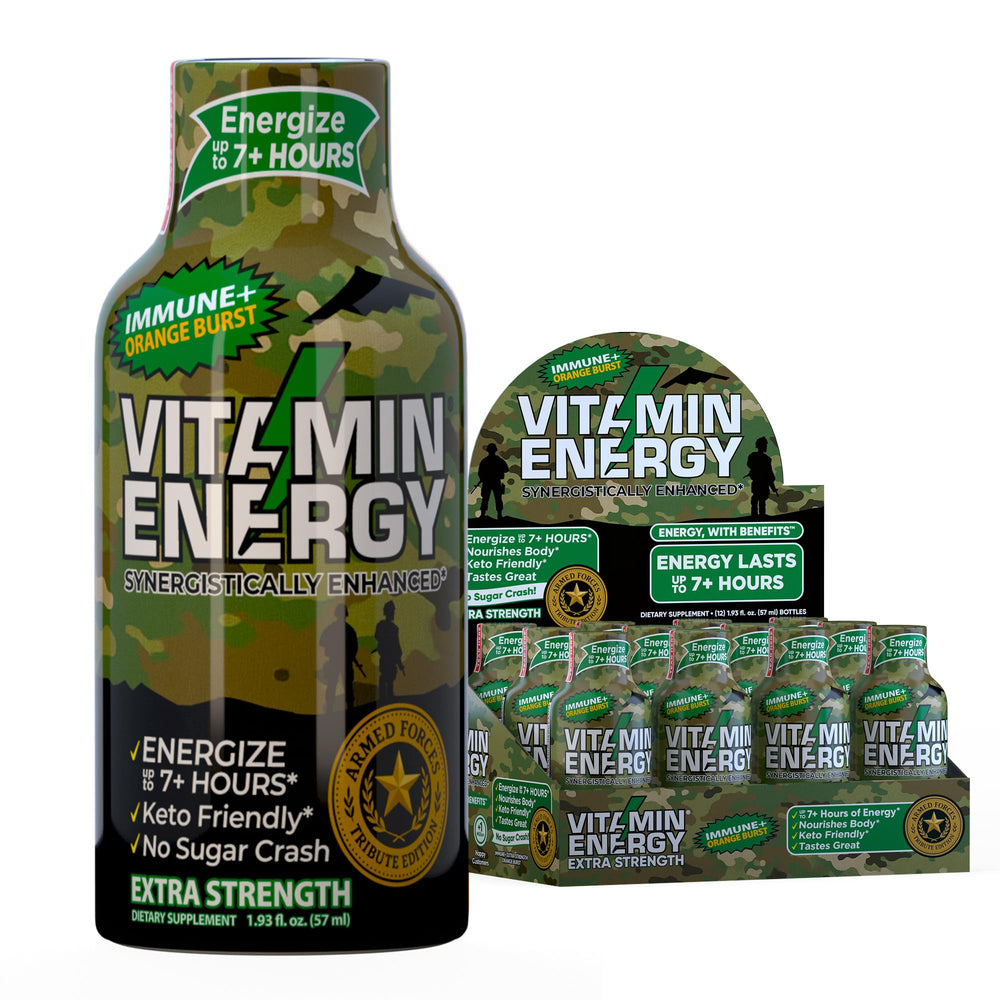 Vitamin Energy Immune+ Shot Army Orange bottle for quick focus and immune-support on the go.