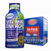 Vitamin Energy Immune+ blue raspberry shot on a bright table for on-the-go energy.