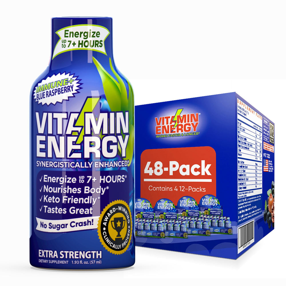 Vitamin Energy Immune+ Blue Raspberry bottle showcases immune support and sustained energy.