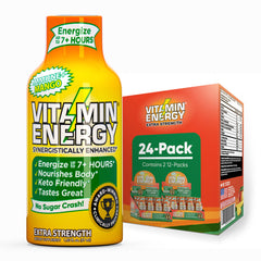 Vitamin Energy Immune+ Mango Shot bottle showing convenient energy and focus on the go.