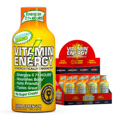 Vitamin Energy Immune+ Mango Shot label highlights zero sugar and immune support.