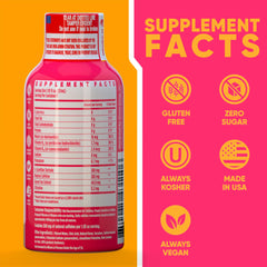 Vitamin Energy Immune+ Strawberry Twist being poured, highlighting convenient 1.93 fl oz serving for busy mornings