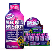 Vitamin Energy Immune+ grape shot bottle showing caffeine and vitamins for energy.