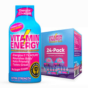 Vitamin Energy mixed berry shot bottle closeup highlighting natural caffeine for steady energy