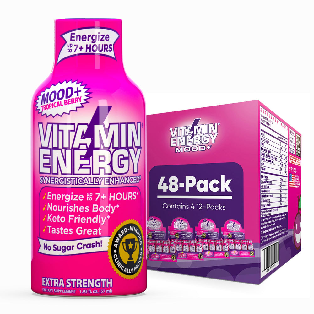 Vitamin Energy Mood+ Tropical Berry shot front view showing compact energy boost