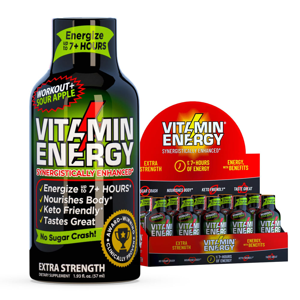 Vitamin Energy Workout+ Sour Apple bottle on display for quick workout energy