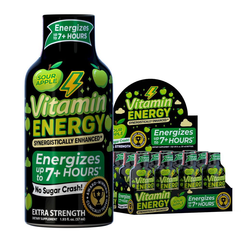 Vitamin Energy Workout+ Sour Apple bottle on display for quick workout energy