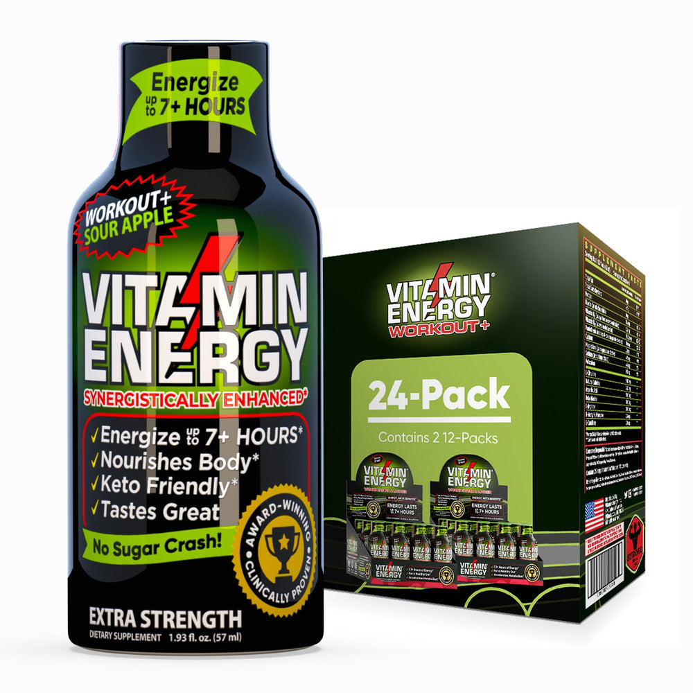 Vitamin Energy Workout+ Sour Apple shot bottle ready for on-the-go pre-workout energy