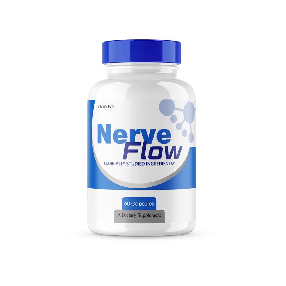 Vitamin Evo Nerve Flow bottle front view, highlighting all-natural formula and daily use.