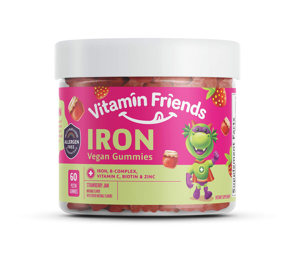 Vitamin Friends kids vegan multivitamin strawberry gummies in bottle for daily support.