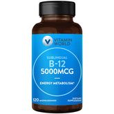 Vitamin World B-12 Sublingual Lozenges bottle highlights high potency for daily energy support.