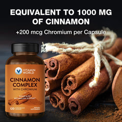 Vitamin World Cinnamon Complex bottle open with capsules ready to add to beverages or foods.