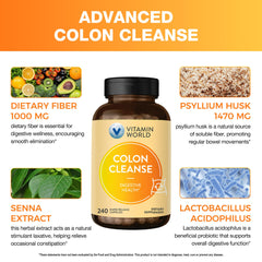 Close-up of Vitamin World Colon Cleanse capsules for daily use.