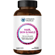 Vitamin World Hair Skin Nails formula bottle pour showing biotin support for hair and nails.