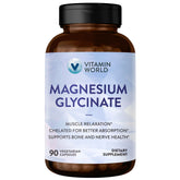 Vitamin World Magnesium Glycinate bottle with Bioperine for enhanced absorption and relaxation.