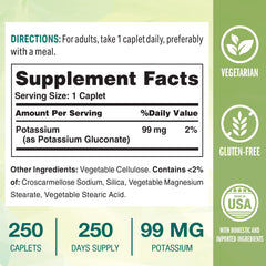 Close-up of Vitamin World potassium 99 mg caplets for electrolyte balance