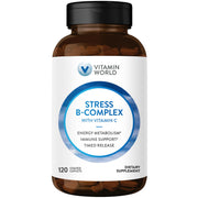 Vitamin World Stress B-Complex 120-caplets front label highlights essential B vitamins for daily energy