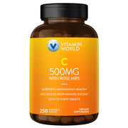 Vitamin World Vitamin C 500 mg with Rose Hips – bottle close-up with orange flavor, supports immune health.