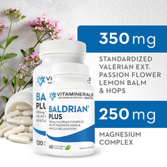 Vitaminerals 33+ Baldrian capsules closeup showing veggie caps