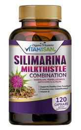 VITAMISAN milk thistle bottle label highlights detox support for liver health.