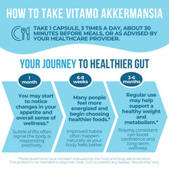 Vitamo Akkermansia capsules close-up highlights easy-to-swallow form.