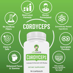VitaMonk Cordyceps Rhodiola bottle being poured for daily use.