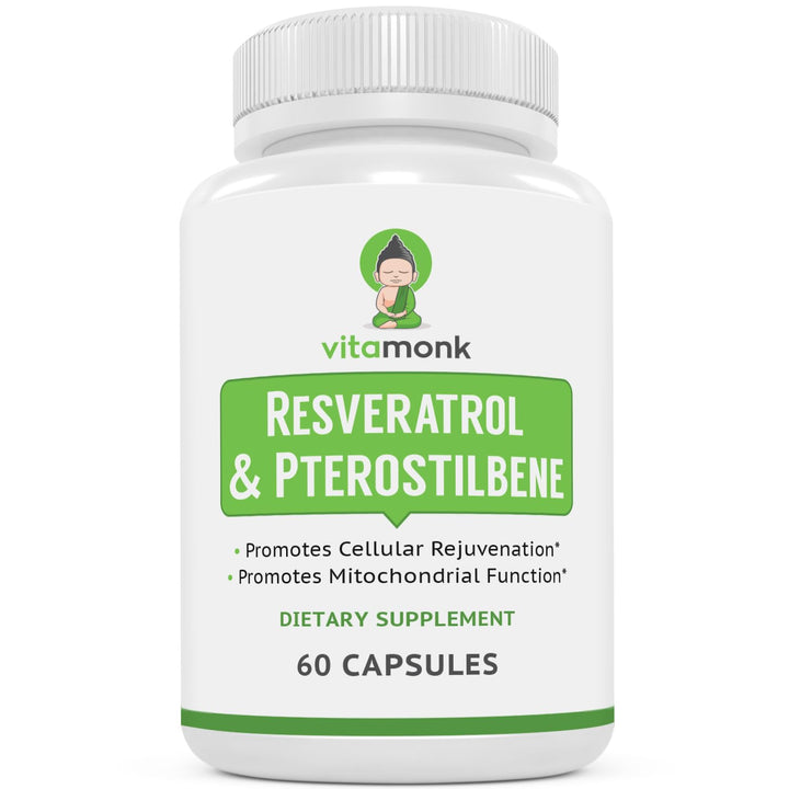 VitaMonk Resveratrol with Pterostilbene bottle promotes daily wellness
