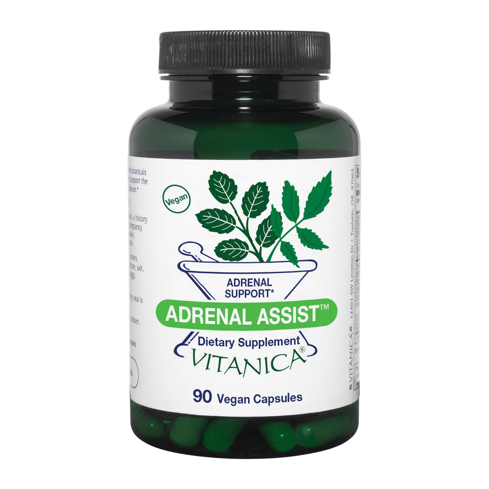 Vitanica Adrenal Assist bottle front view with vegan capsules for daily support