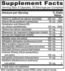 Vitanica Adrenal Assist bottle label closeup highlighting core nutrients and adaptogens.