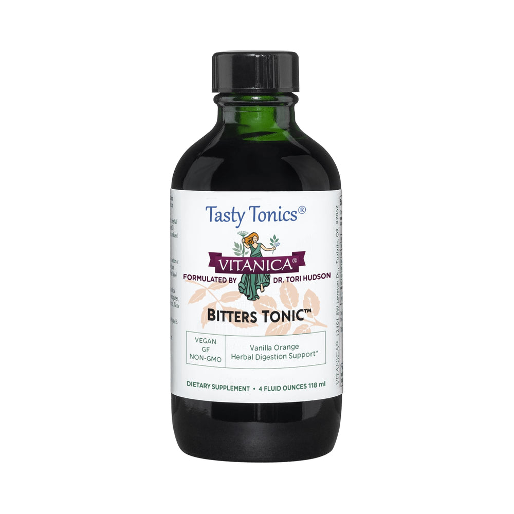 Vitanica Bitters Tonic bottle with vanilla orange aroma for daily digestion support.