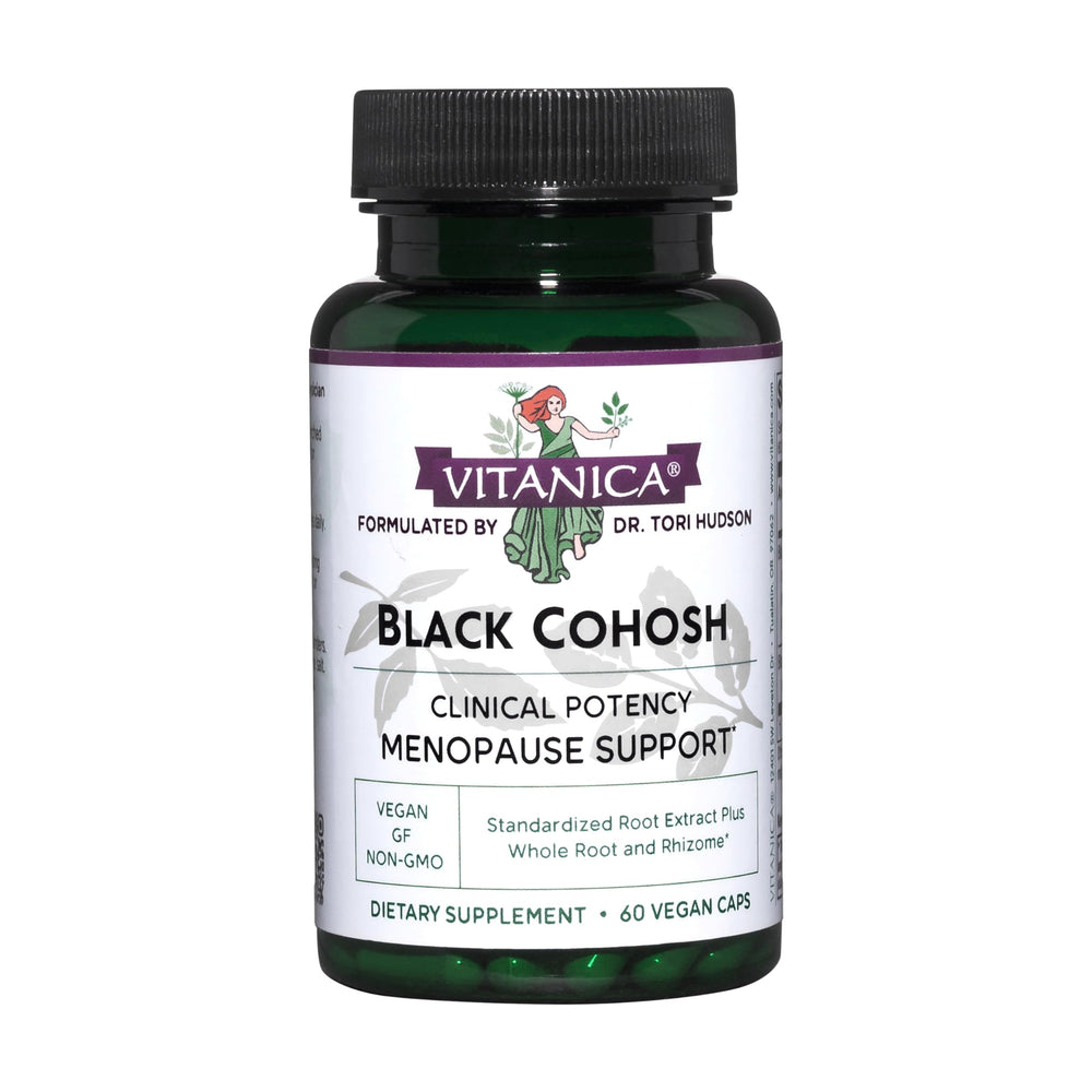 Vitanica Black Cohosh bottle with vegan capsules for menopause support.