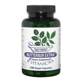 Vitanica Butterbur Extra bottle shows easy daily capsule dosing for brain and vascular support.
