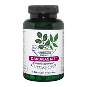 Vitanica Candidastat bottle front displaying vegan capsules for yeast balance.
