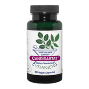 Vitanica Candidastat bottle front showing vegan formula for balanced flora