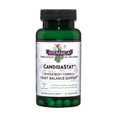 Vitanica Candidastat bottle front, vegan formula for daily wellness support.