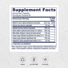 Vitanica Candidastat bottle side label with Oregon grape root and garlic extract.