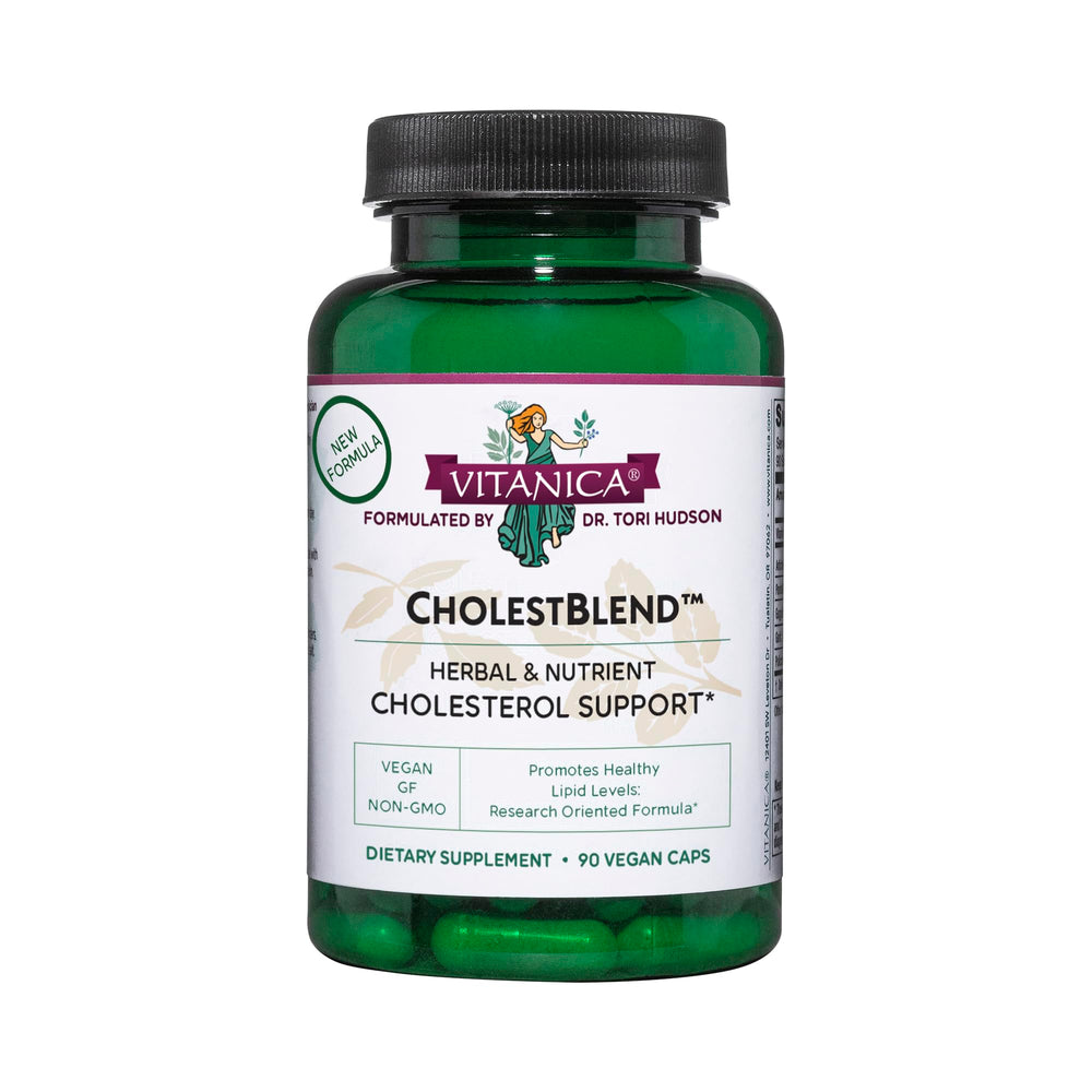 Vitanica CholestBlend bottle front with vegan capsules for daily wellness and lipid balance.