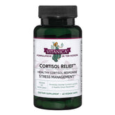 Vitanica Cortisol Relief bottle on a clean surface for daily stress and sleep support.