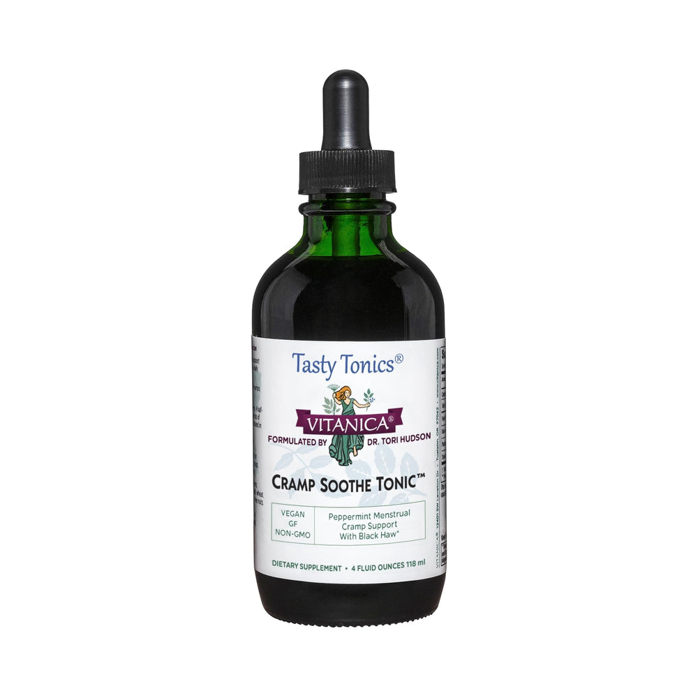 Vitanica Cramp Soothe Tonic bottle label highlighting herbal formula for menstrual support