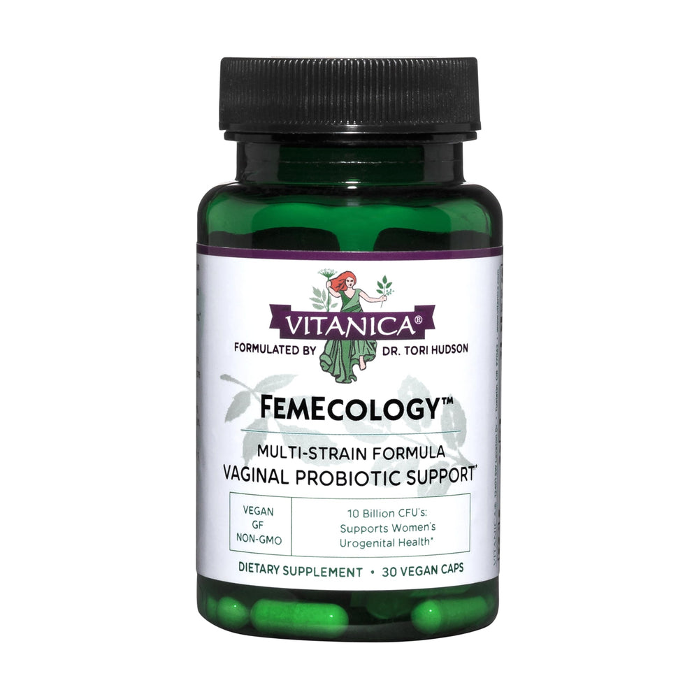 Vitanica FemEcology bottle cap emphasizes daily probiotic balance for vaginal and intestinal health.