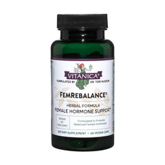 Vitanica FemRebalance bottle with capsules for daily hormone balance.