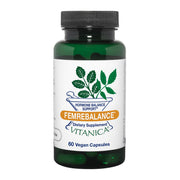 Vitanica FemRebalance bottle showcases vegan capsules for hormone balance.