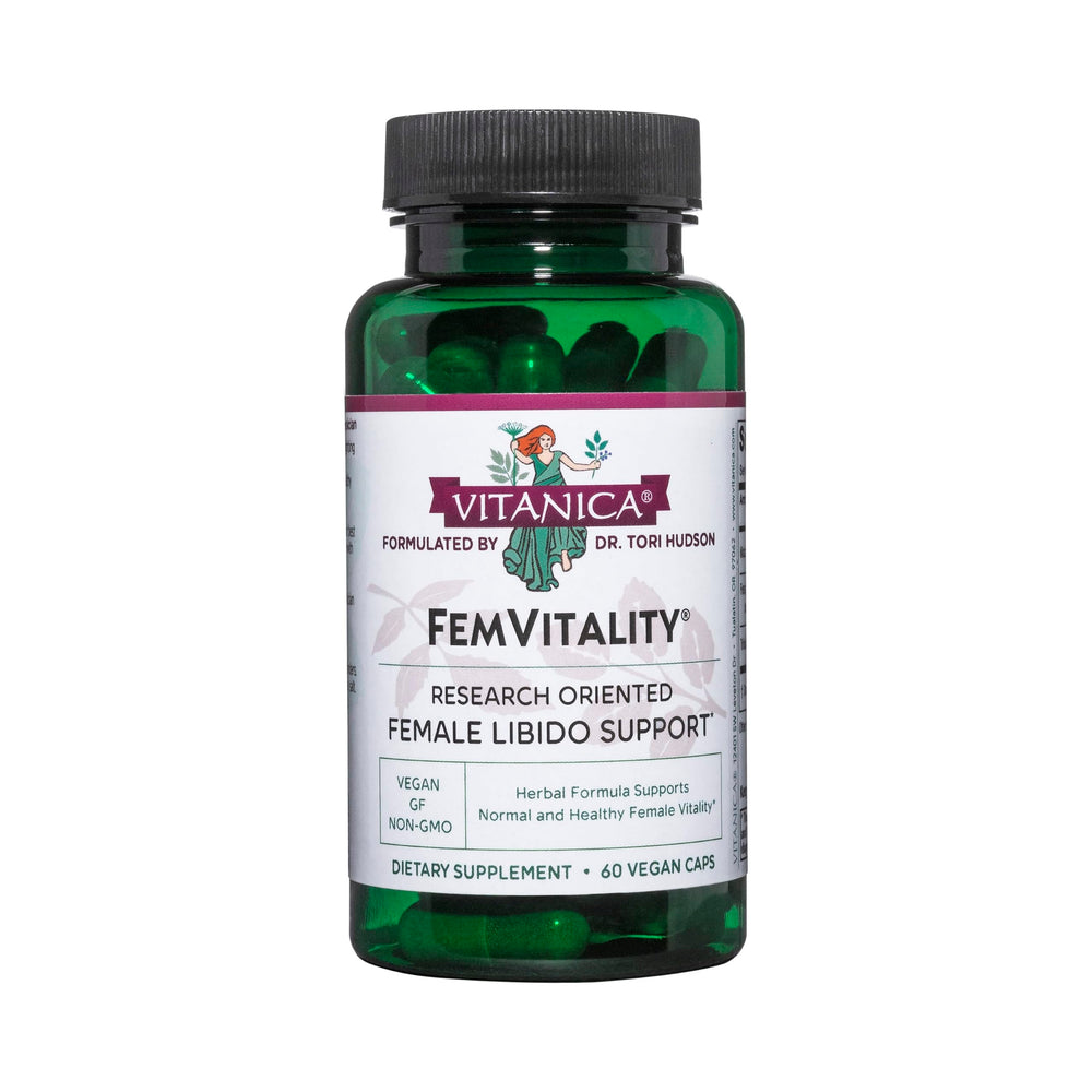 Vitanica FemVitality bottle with capsules ready for daily vitality use