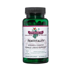 Vitanica FemVitality bottle with capsules ready for daily vitality use