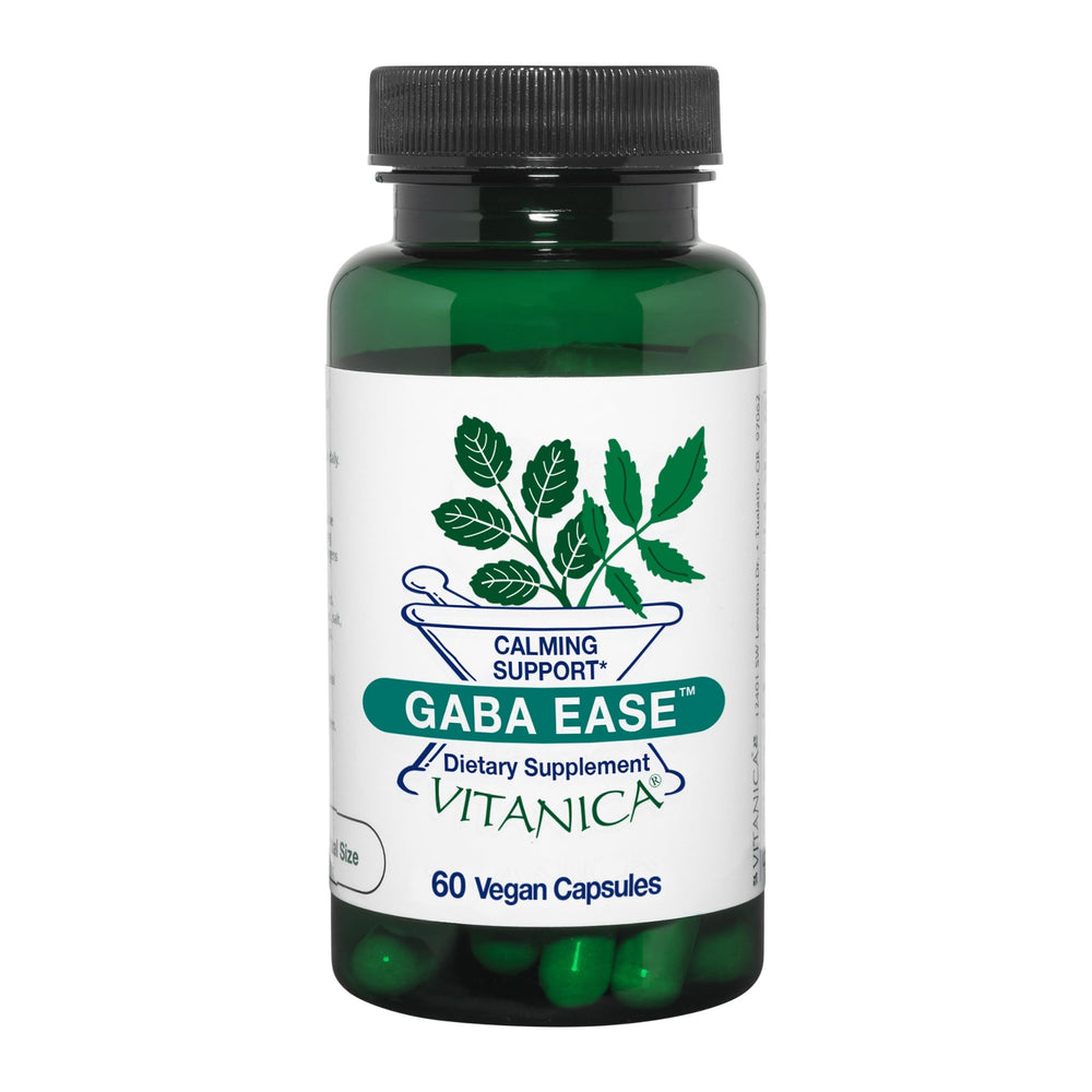Vitanica GABA Ease bottle front with vegan calming supplement for stress support
